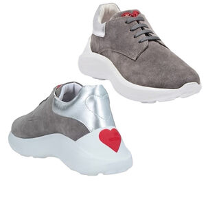 LOVE Moschino Women's Grey Suede Chunky Wedge Sneakers Red Sequins Hearts Sz 37